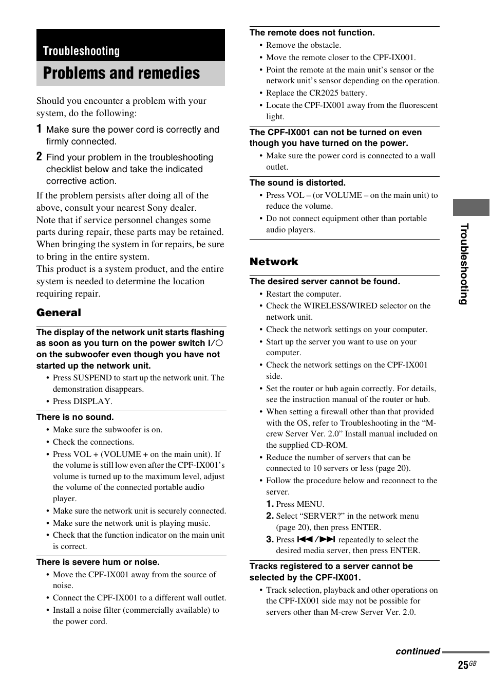 Troubleshooting, Problems and remedies | Sony CPF-IX001 User Manual | Page 25 / 379