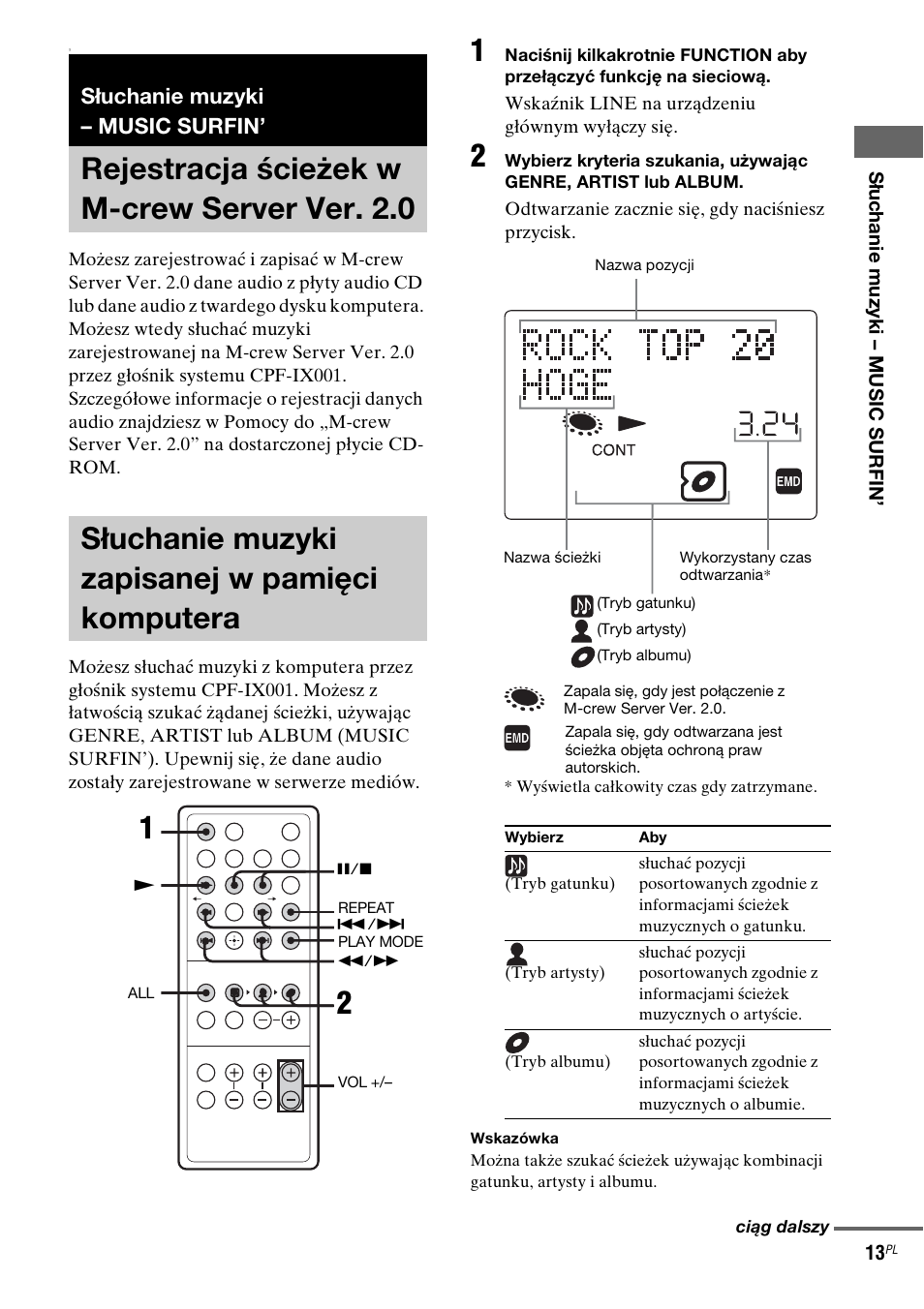 Słuchanie muzyki – music surfin, Rejestracja ścieżek w m-crew server ver. 2.0, Słuchanie muzyki zapisanej w pamięci komputera | Rejestracja ścieżek w m-crew server, Ver. 2.0, Słuchanie muzyki zapisanej w pamięci, Komputera | Sony CPF-IX001 User Manual | Page 255 / 379