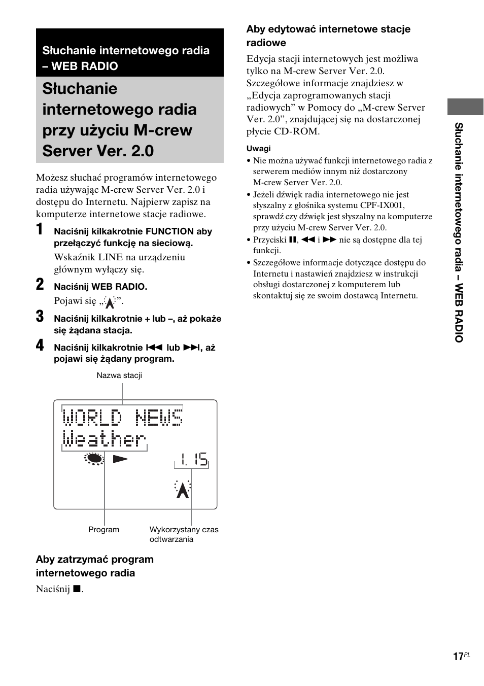 Słuchanie internetowego radia – web radio, Słuchanie internetowego radia przy, Użyciu m-crew server ver. 2.0 | Sony CPF-IX001 User Manual | Page 259 / 379