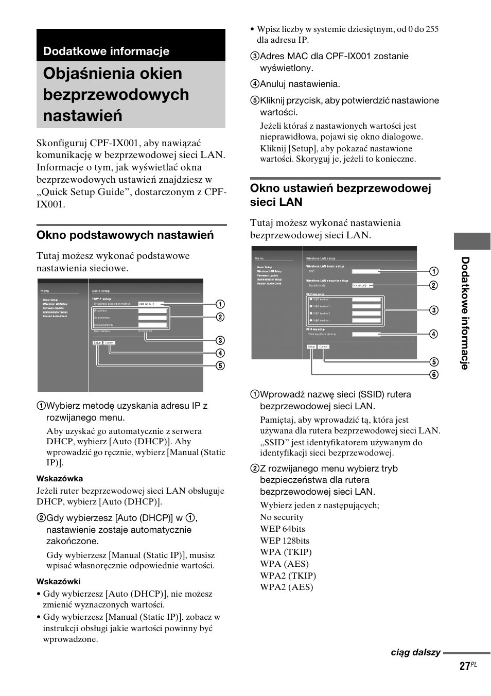 Dodatkowe informacje, Objaśnienia okien bezprzewodowych nastawień, Objaśnienia okien bezprzewodowych | Nastawień, Okno podstawowych nastawień, Okno ustawień bezprzewodowej sieci lan | Sony CPF-IX001 User Manual | Page 269 / 379