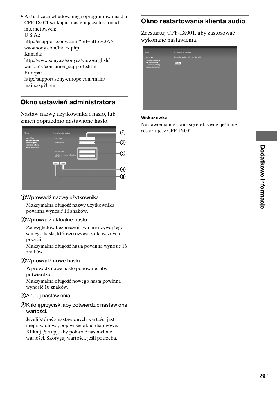 Okno ustawień administratora, Okno restartowania klienta audio | Sony CPF-IX001 User Manual | Page 271 / 379