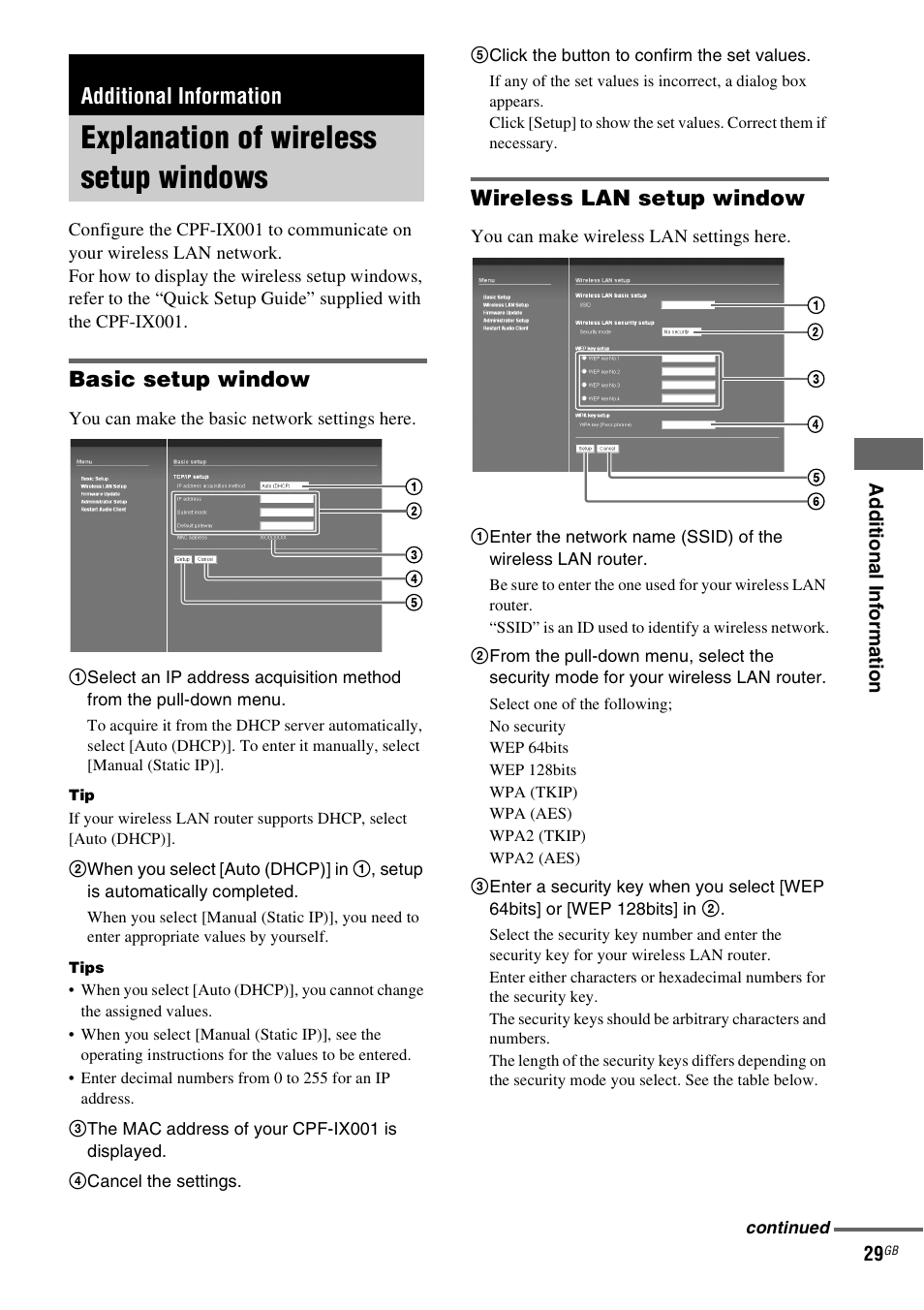 Additional information, Explanation of wireless setup windows, Explanation of wireless setup | Windows, Basic setup window, Wireless lan setup window | Sony CPF-IX001 User Manual | Page 29 / 379