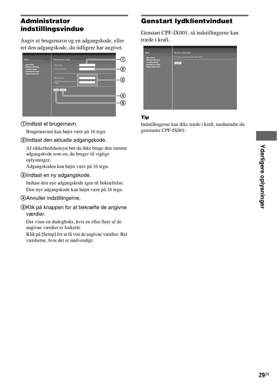 Administrator indstillingsvindue, Genstart lydklientvinduet | Sony CPF-IX001 User Manual | Page 305 / 379