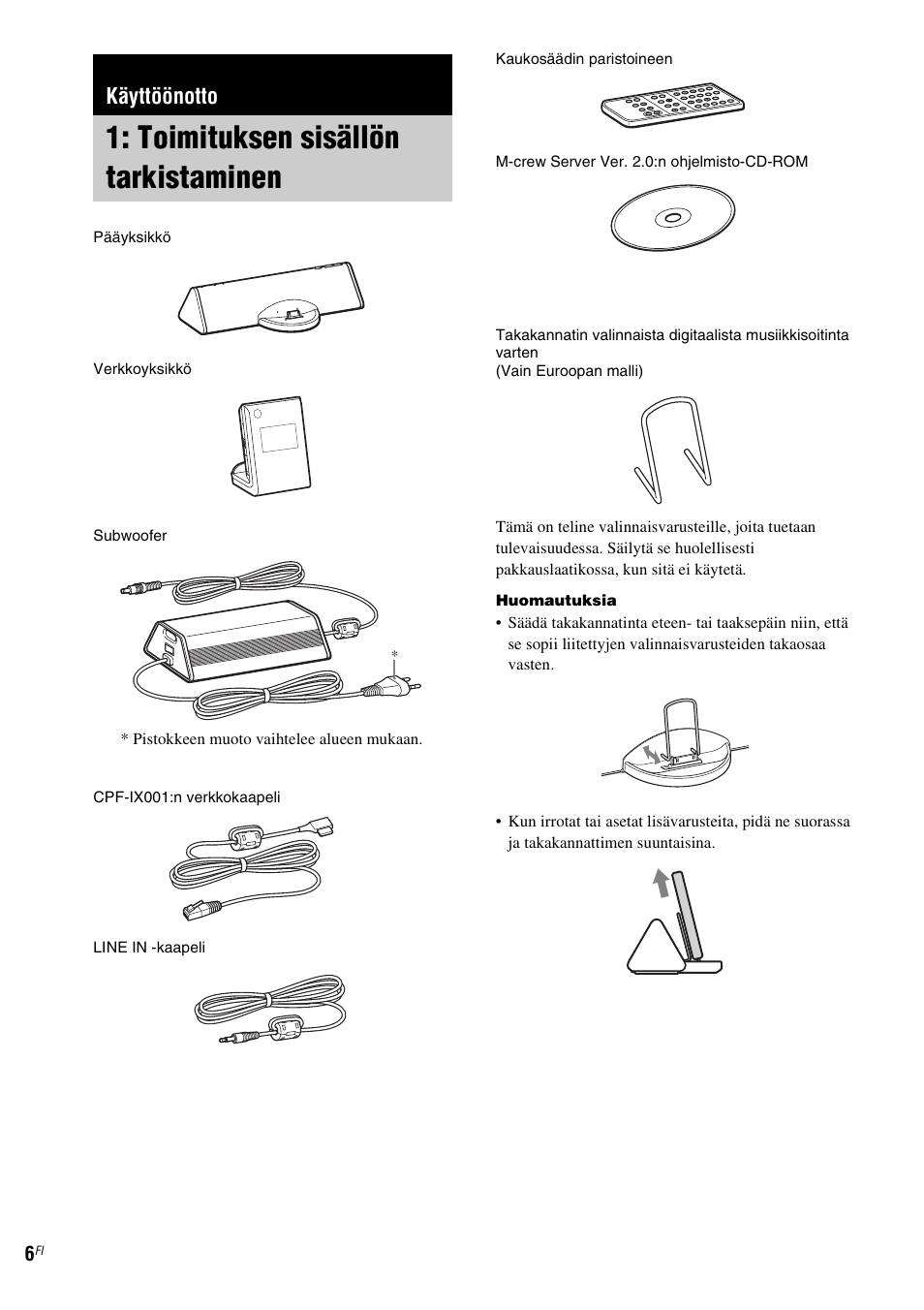 Käyttöönotto, Toimituksen sisällön tarkistaminen | Sony CPF-IX001 User Manual | Page 316 / 379