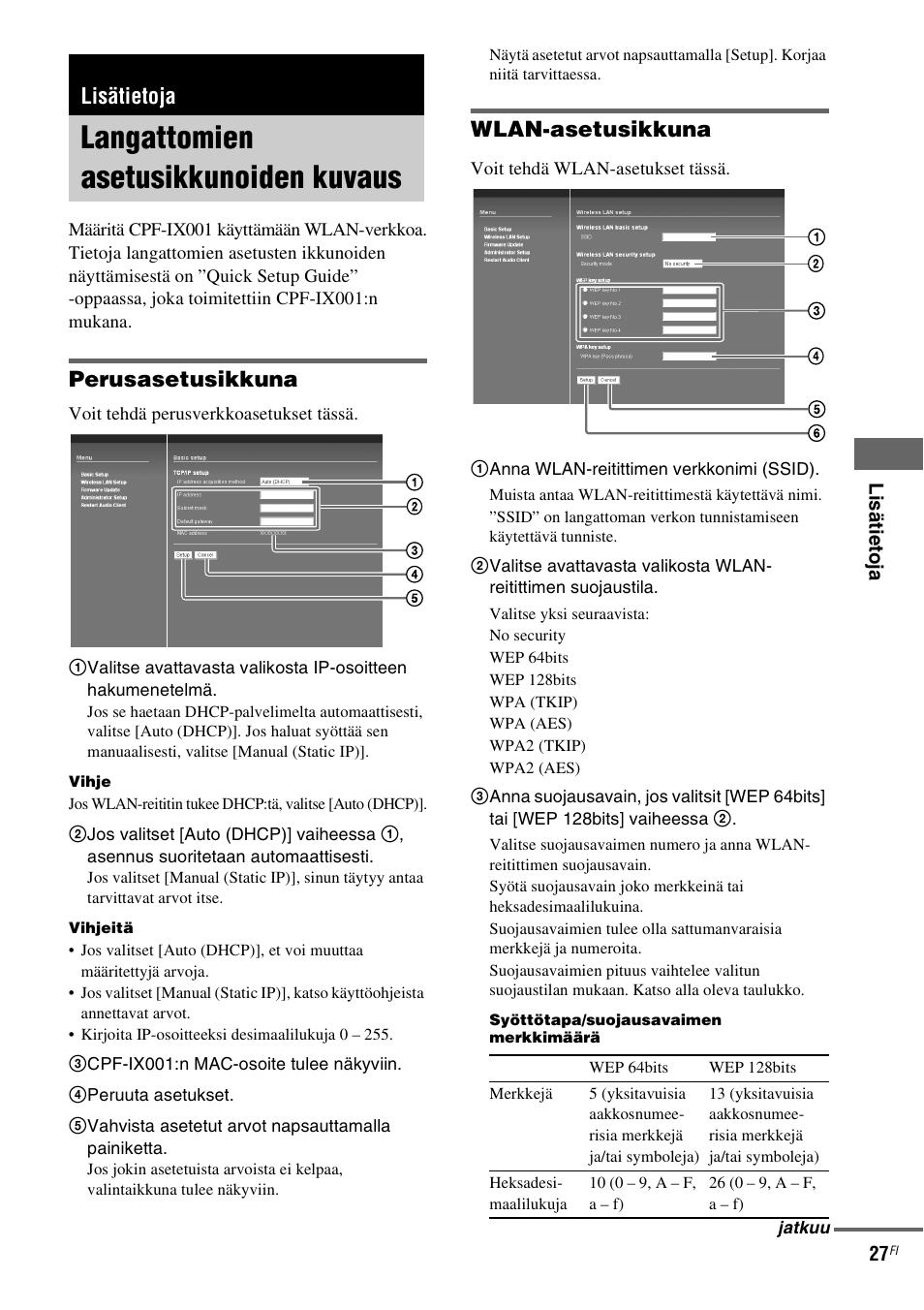 Lisätietoja, Langattomien asetusikkunoiden kuvaus, Langattomien asetusikkunoiden | Kuvaus, Perusasetusikkuna, Wlan-asetusikkuna | Sony CPF-IX001 User Manual | Page 337 / 379