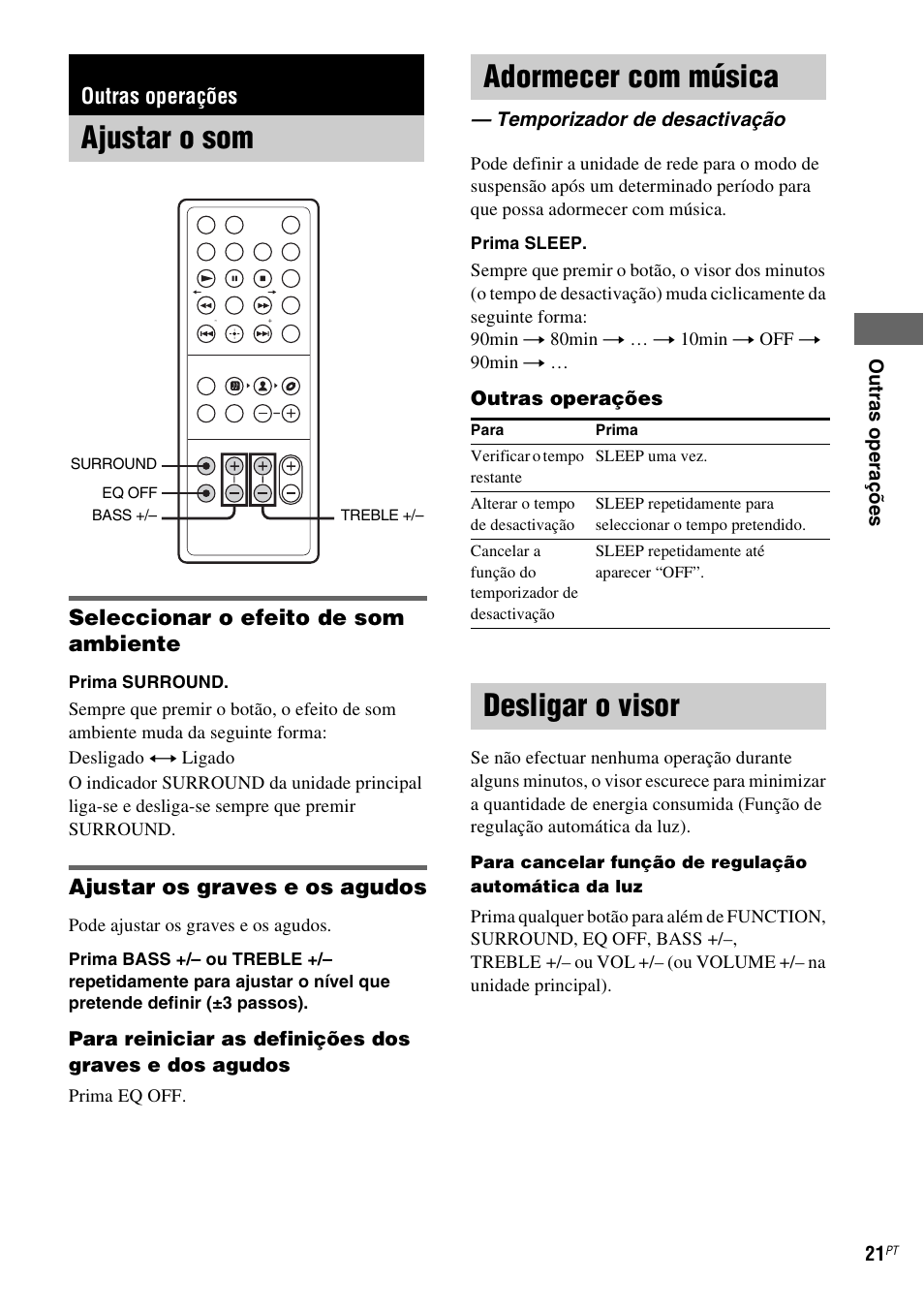 Outras operações, Ajustar o som, Adormecer com música | Temporizador de desactivação, Desligar o visor, Ajustar o som adormecer com música | Sony CPF-IX001 User Manual | Page 365 / 379