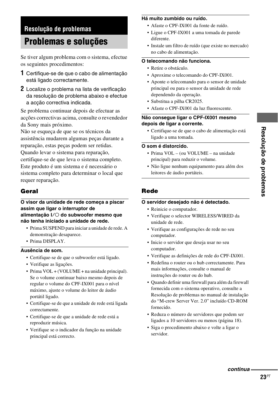 Resolução de problemas, Problemas e soluções | Sony CPF-IX001 User Manual | Page 367 / 379