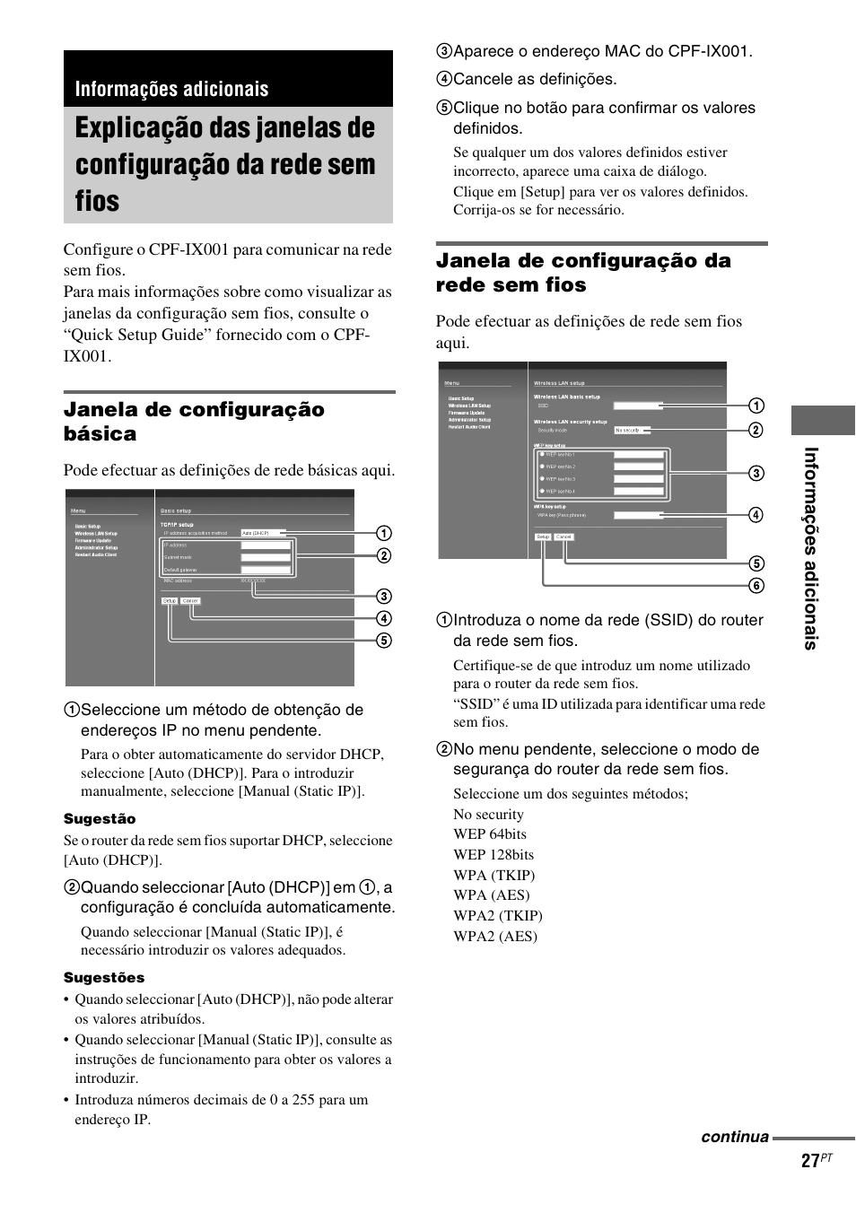 Informações adicionais, Explicação das janelas de, Configuração da rede sem fios | Janela de configuração básica, Janela de configuração da rede sem fios | Sony CPF-IX001 User Manual | Page 371 / 379