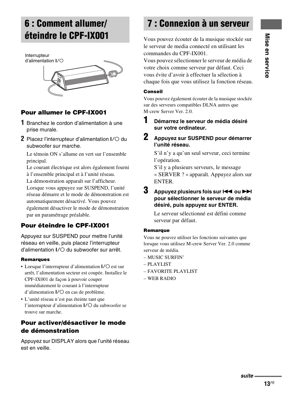 6 : comment allumer/éteindre le cpf-ix001, 7 : connexion à un serveur, 6 : comment allumer/éteindre le | Cpf-ix001, 6 : comment allumer/ éteindre le cpf-ix001 | Sony CPF-IX001 User Manual | Page 49 / 379