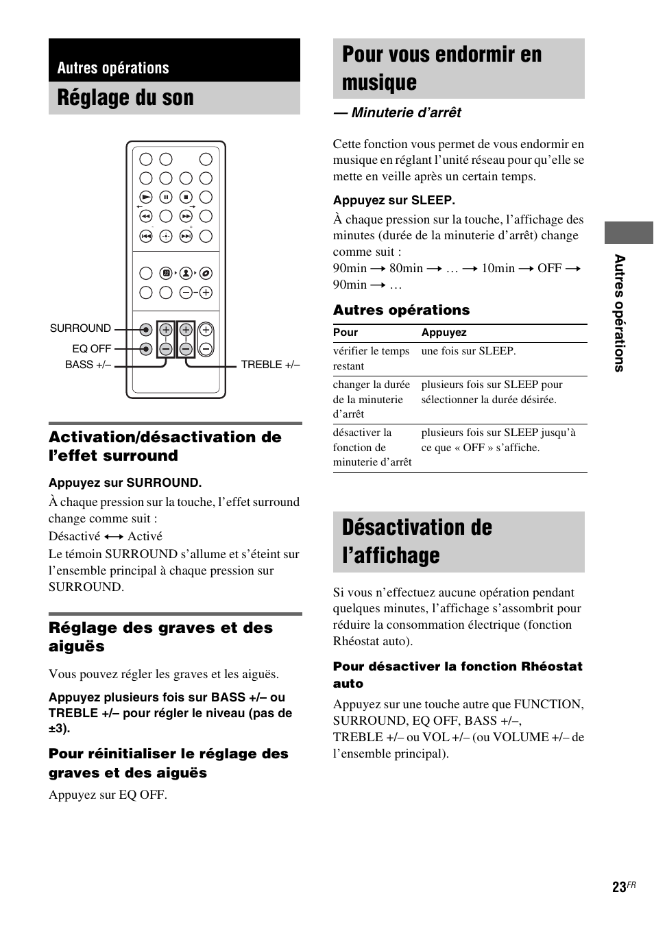 Autres opérations, Réglage du son, Pour vous endormir en musique | Minuterie d’arrêt, Désactivation de l’affichage, Réglage du son pour vous endormir en musique | Sony CPF-IX001 User Manual | Page 59 / 379