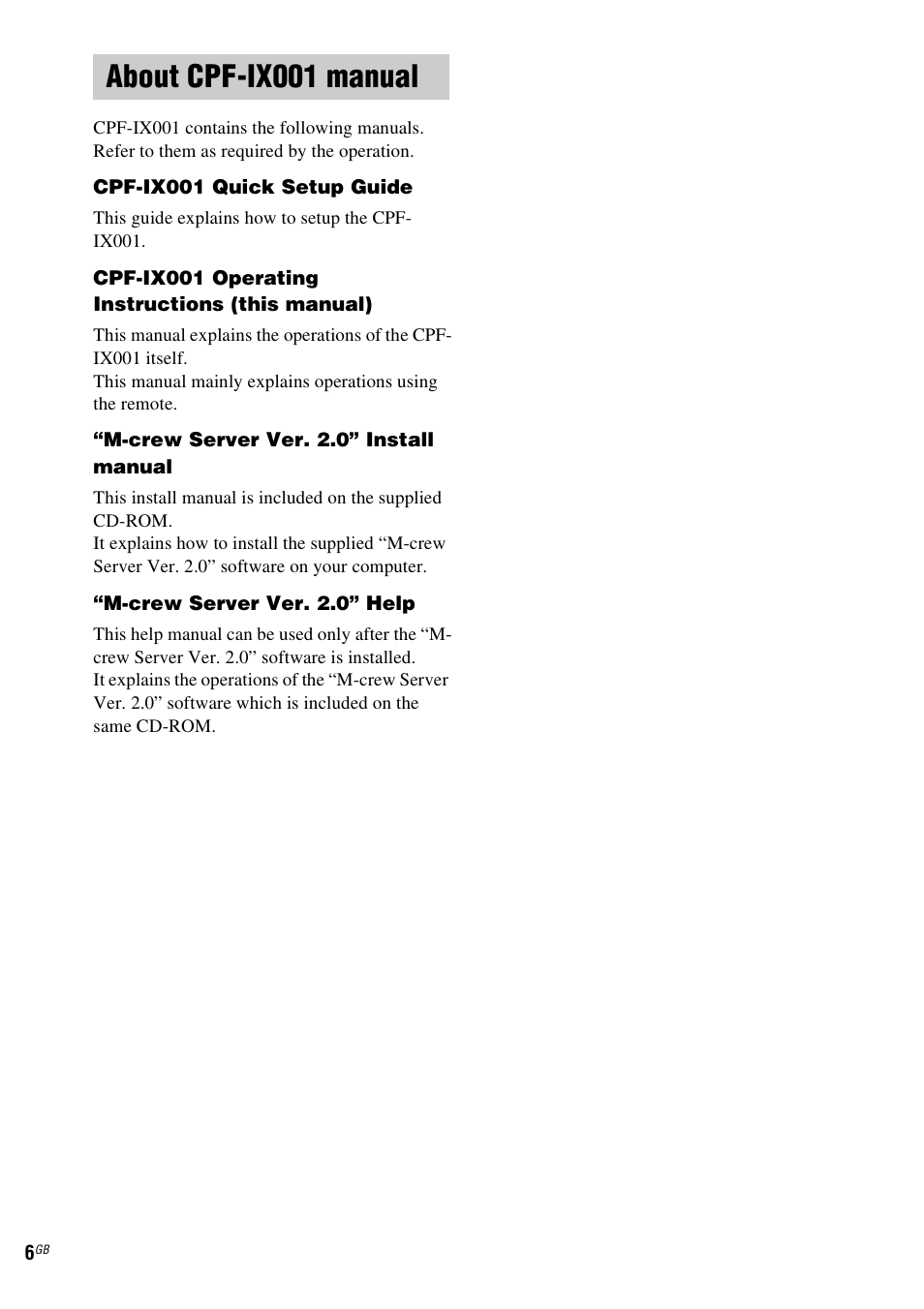 About cpf-ix001 manual | Sony CPF-IX001 User Manual | Page 6 / 379