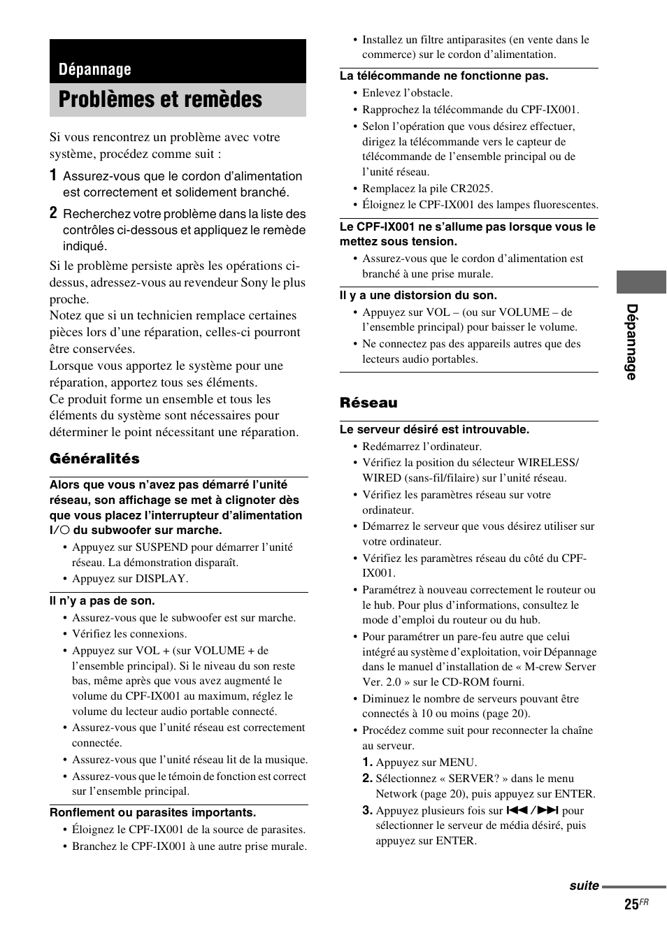 Dépannage, Problèmes et remèdes | Sony CPF-IX001 User Manual | Page 61 / 379