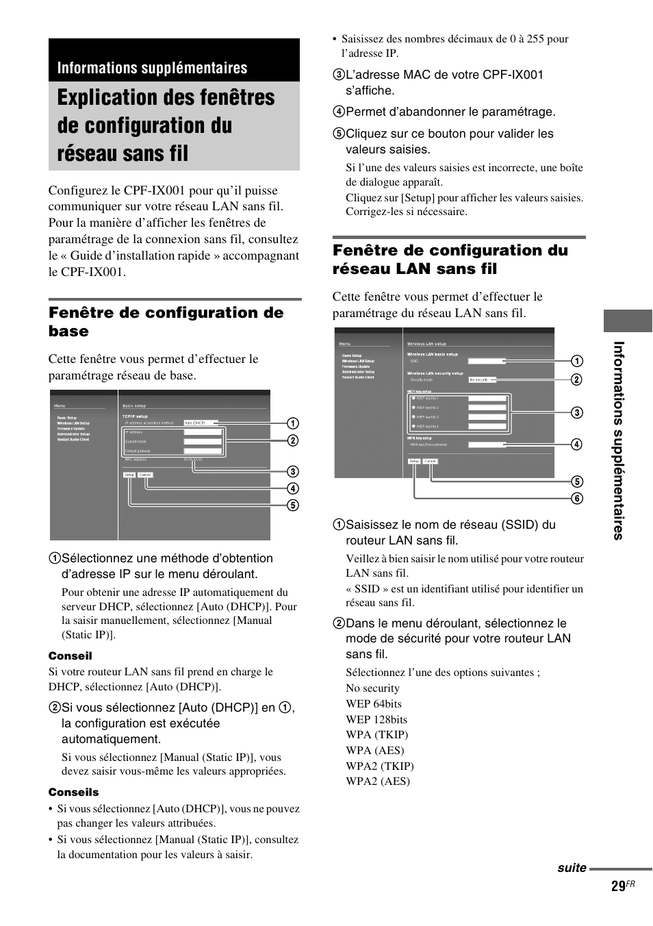 Informations supplémentaires, Explication des fenêtres de configuration, Du réseau sans fil | Fenêtre de configuration de base, Fenêtre de configuration du réseau lan sans fil | Sony CPF-IX001 User Manual | Page 65 / 379