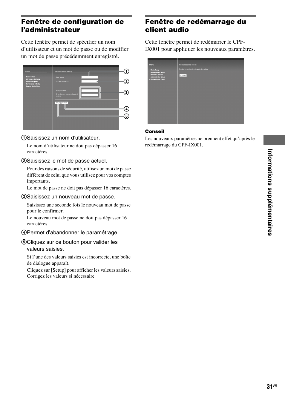 Fenêtre de configuration de l’administrateur, Fenêtre de redémarrage du client audio | Sony CPF-IX001 User Manual | Page 67 / 379