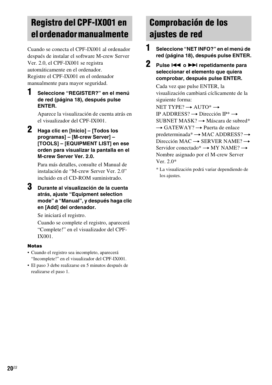 Registro del cpf-ix001 en el ordenador manualmente, Comprobación de los ajustes de red, Registro del cpf-ix001 en el ordenador | Manualmente | Sony CPF-IX001 User Manual | Page 92 / 379