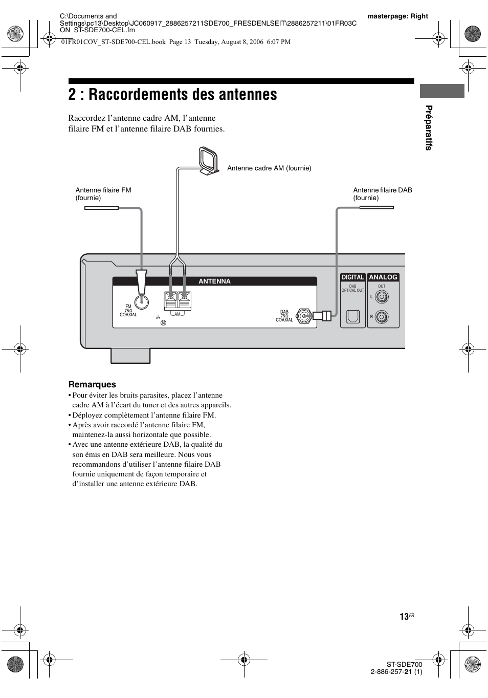 2 : raccordements des antennes, Pr ép ar atifs | Sony ST-SDE700 User Manual | Page 13 / 192