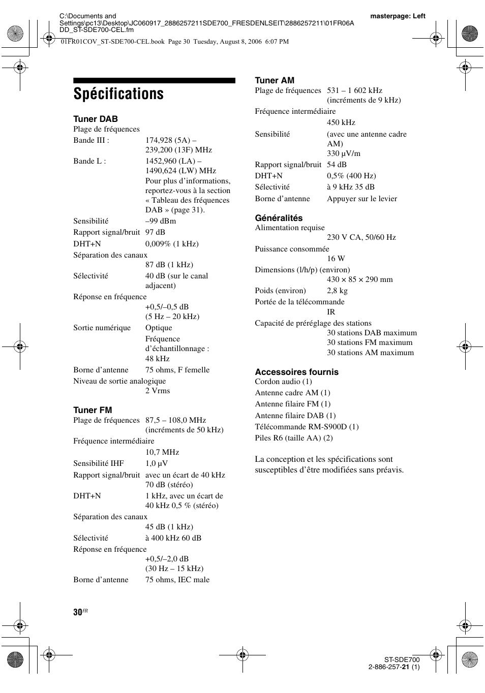 Spécifications | Sony ST-SDE700 User Manual | Page 30 / 192