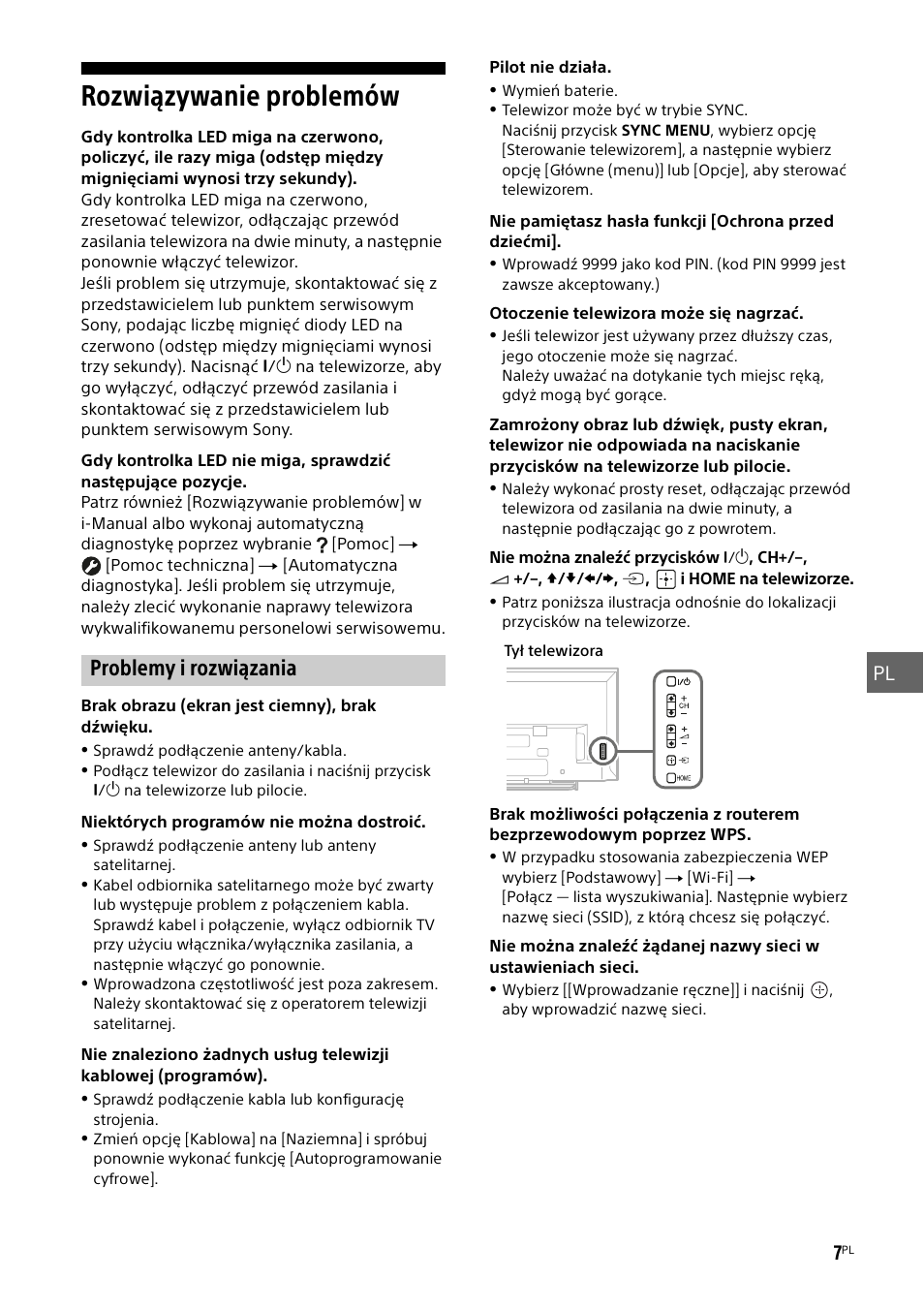 Rozwiązywanie problemów, Problemy i rozwiązania | Sony KDL-48W585B User Manual | Page 103 / 192