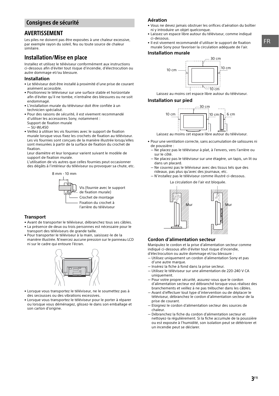 Consignes de sécurité, Installation/mise en place | Sony KDL-48W585B User Manual | Page 11 / 192