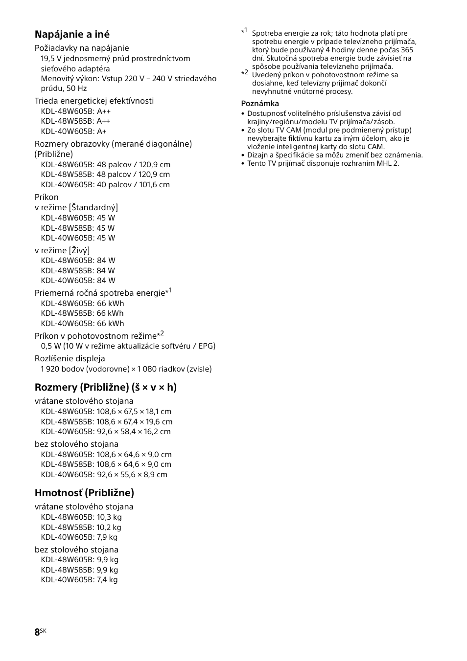 Napájanie a iné, Rozmery (približne) (š × v × h), Hmotnosť (približne) | Sony KDL-48W585B User Manual | Page 122 / 192