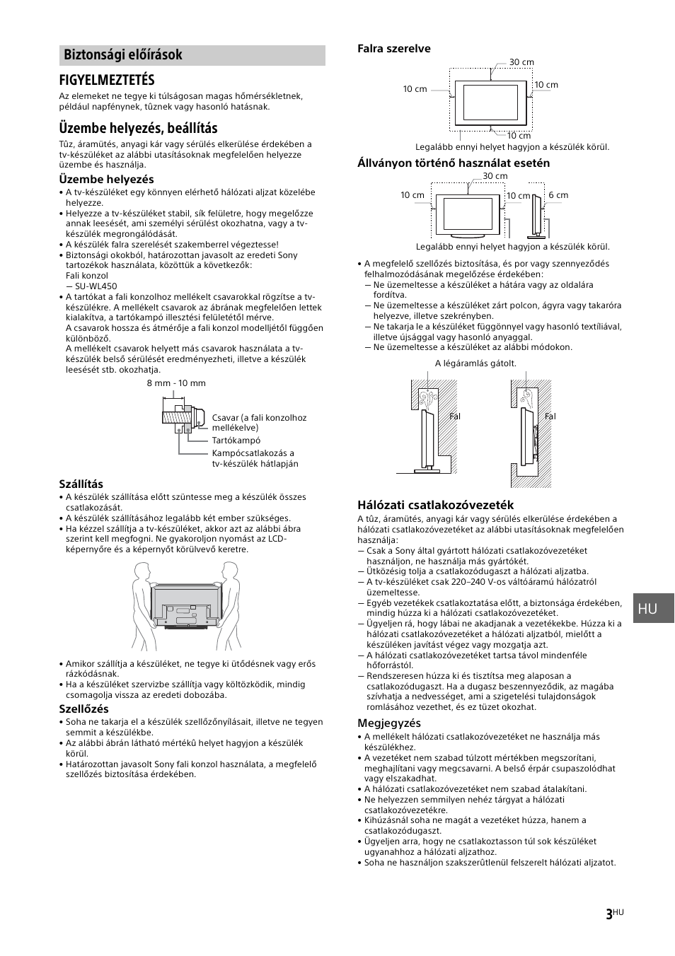 Biztonsági előírások, Biztonsági, Előírások | Oldal), Hu 3, Figyelmeztetés, Üzembe helyezés, beállítás | Sony KDL-48W585B User Manual | Page 125 / 192