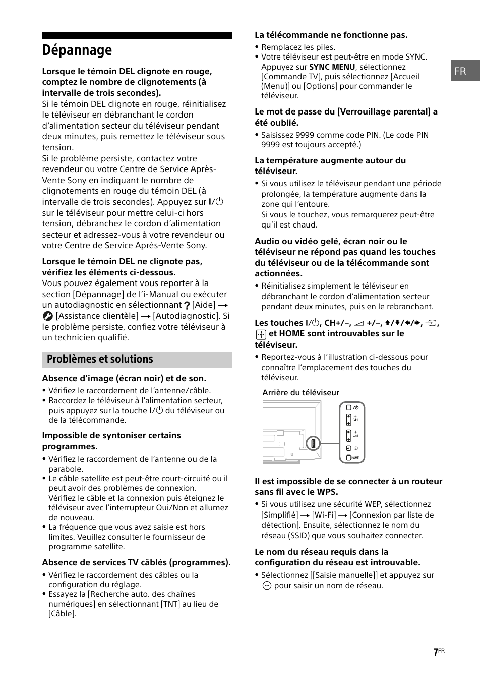 Dépannage, Problèmes et solutions | Sony KDL-48W585B User Manual | Page 15 / 192