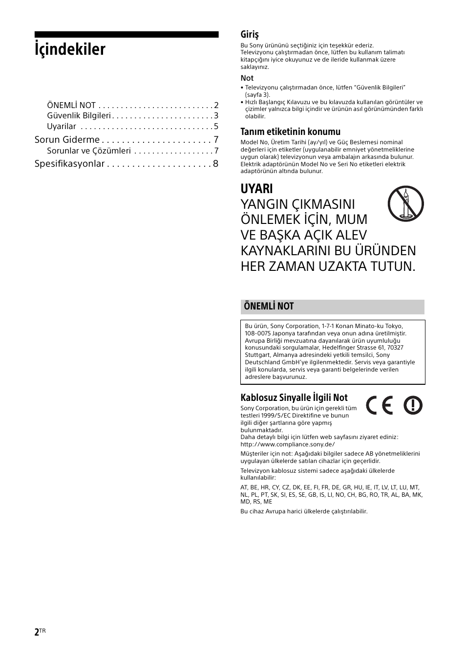 Önemli not, Içindekiler, Giriş | Tanım etiketinin konumu, Kablosuz sinyalle ilgili not | Sony KDL-48W585B User Manual | Page 162 / 192