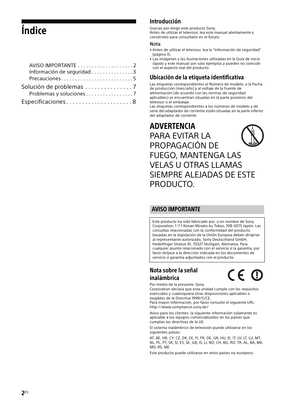 Aviso importante, Índice, Introducción | Ubicación de la etiqueta identificativa, Nota sobre la señal inalámbrica | Sony KDL-48W585B User Manual | Page 20 / 192