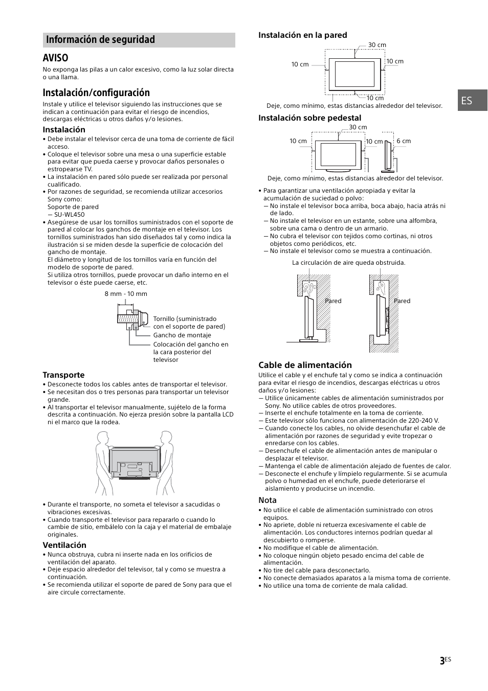 Información de seguridad, Instalación/configuración | Sony KDL-48W585B User Manual | Page 21 / 192