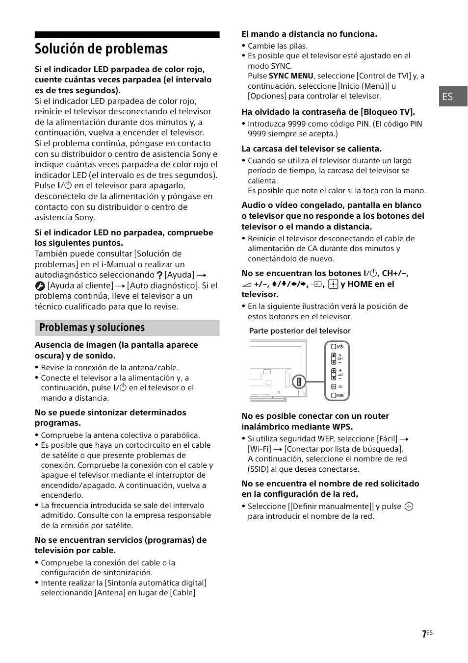 Solución de problemas, Problemas y soluciones | Sony KDL-48W585B User Manual | Page 25 / 192