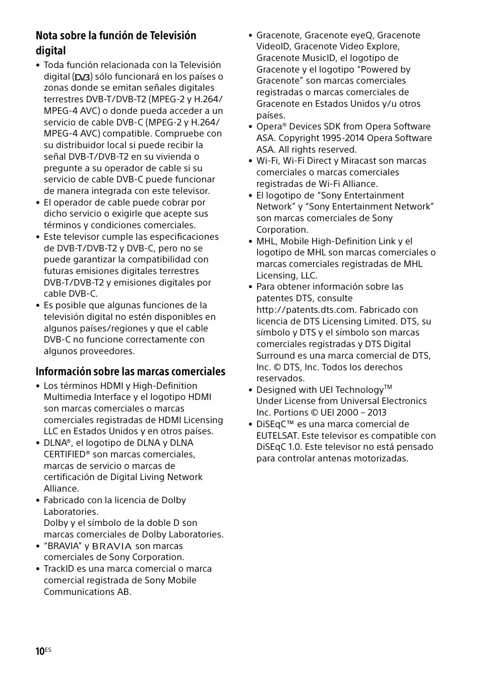 Nota sobre la función de televisión digital, Información sobre las marcas comerciales | Sony KDL-48W585B User Manual | Page 28 / 192
