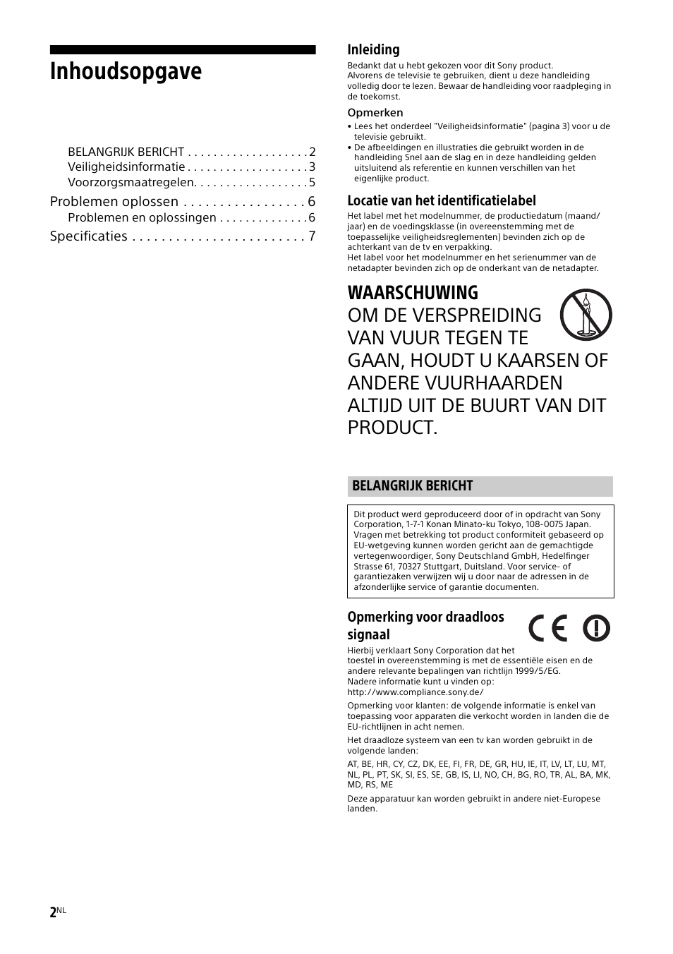 Belangrijk bericht, Inhoudsopgave, Inleiding | Locatie van het identificatielabel, Opmerking voor draadloos signaal | Sony KDL-48W585B User Manual | Page 30 / 192