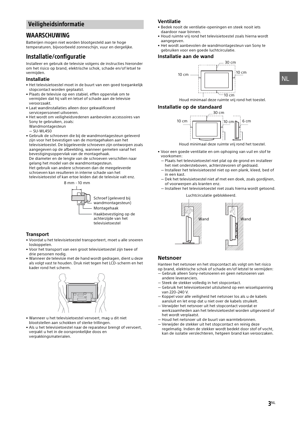 Veiligheidsinformatie, Waarschuwing, Installatie/configuratie | Sony KDL-48W585B User Manual | Page 31 / 192