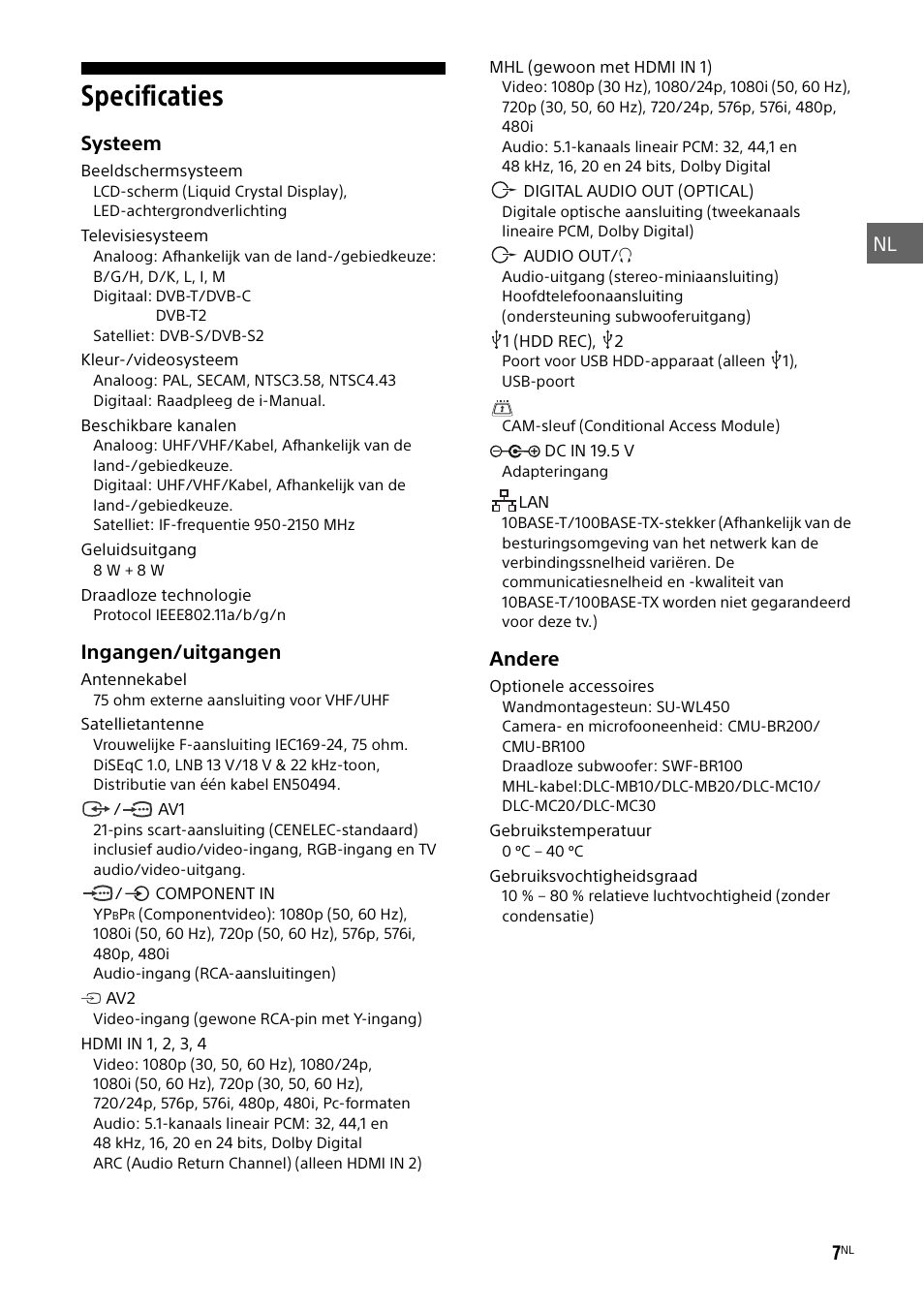 Specificaties | Sony KDL-48W585B User Manual | Page 35 / 192