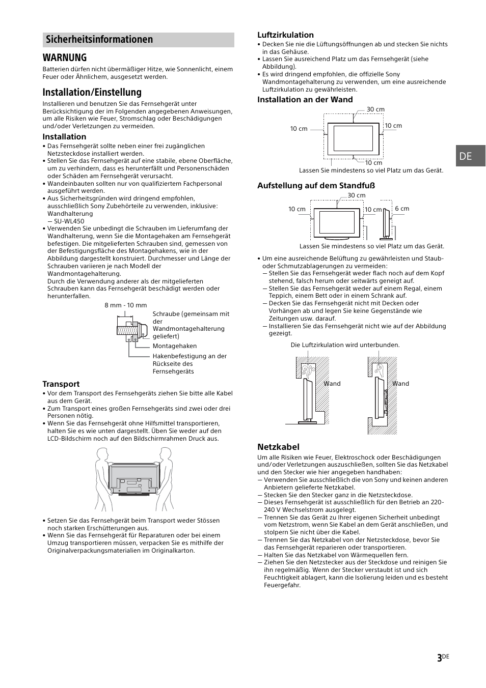 Sicherheitsinformationen, Seite 3), De 3 | Warnung, Installation/einstellung | Sony KDL-48W585B User Manual | Page 39 / 192