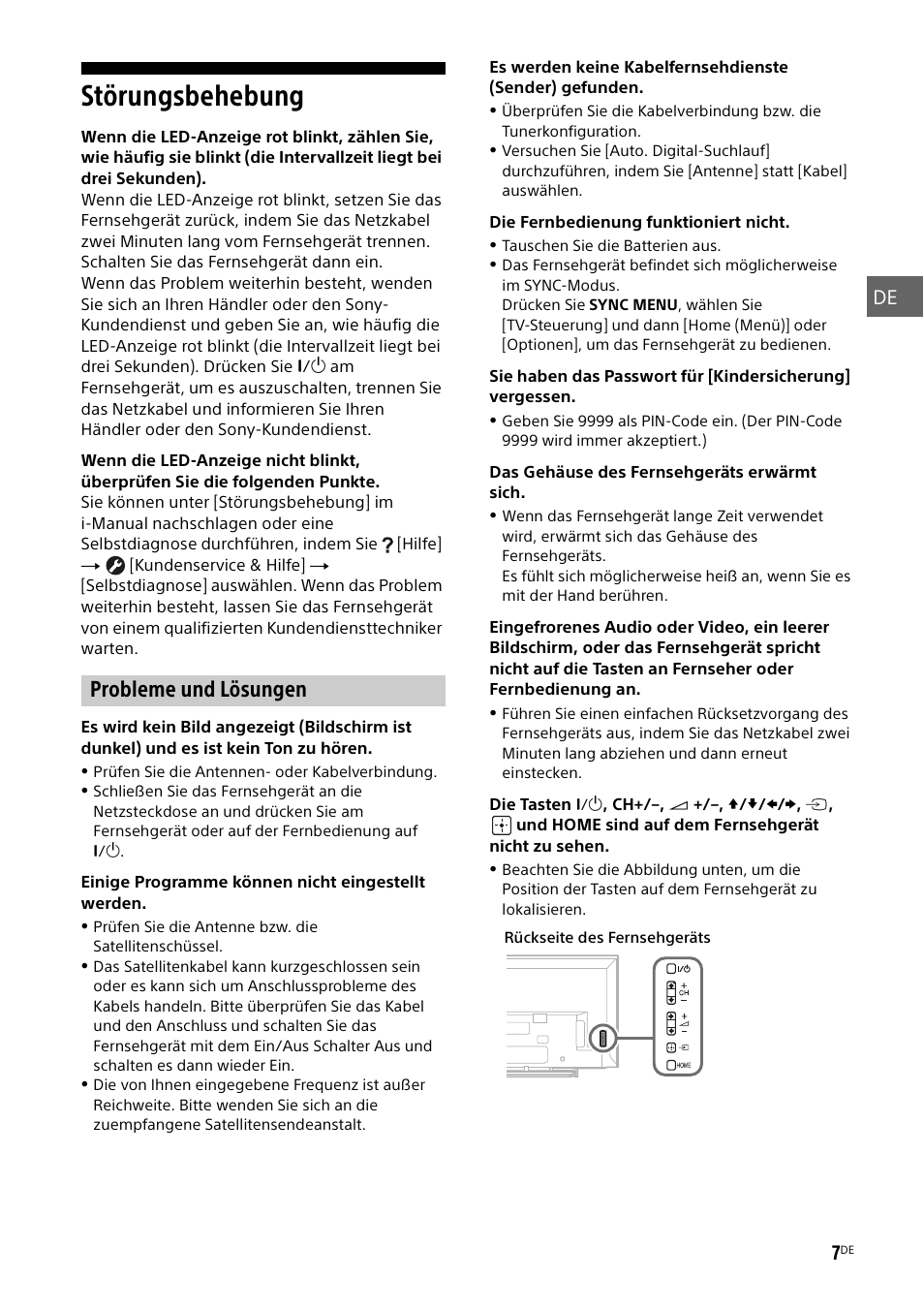 Störungsbehebung, Probleme und lösungen, De 7 | Sony KDL-48W585B User Manual | Page 43 / 192