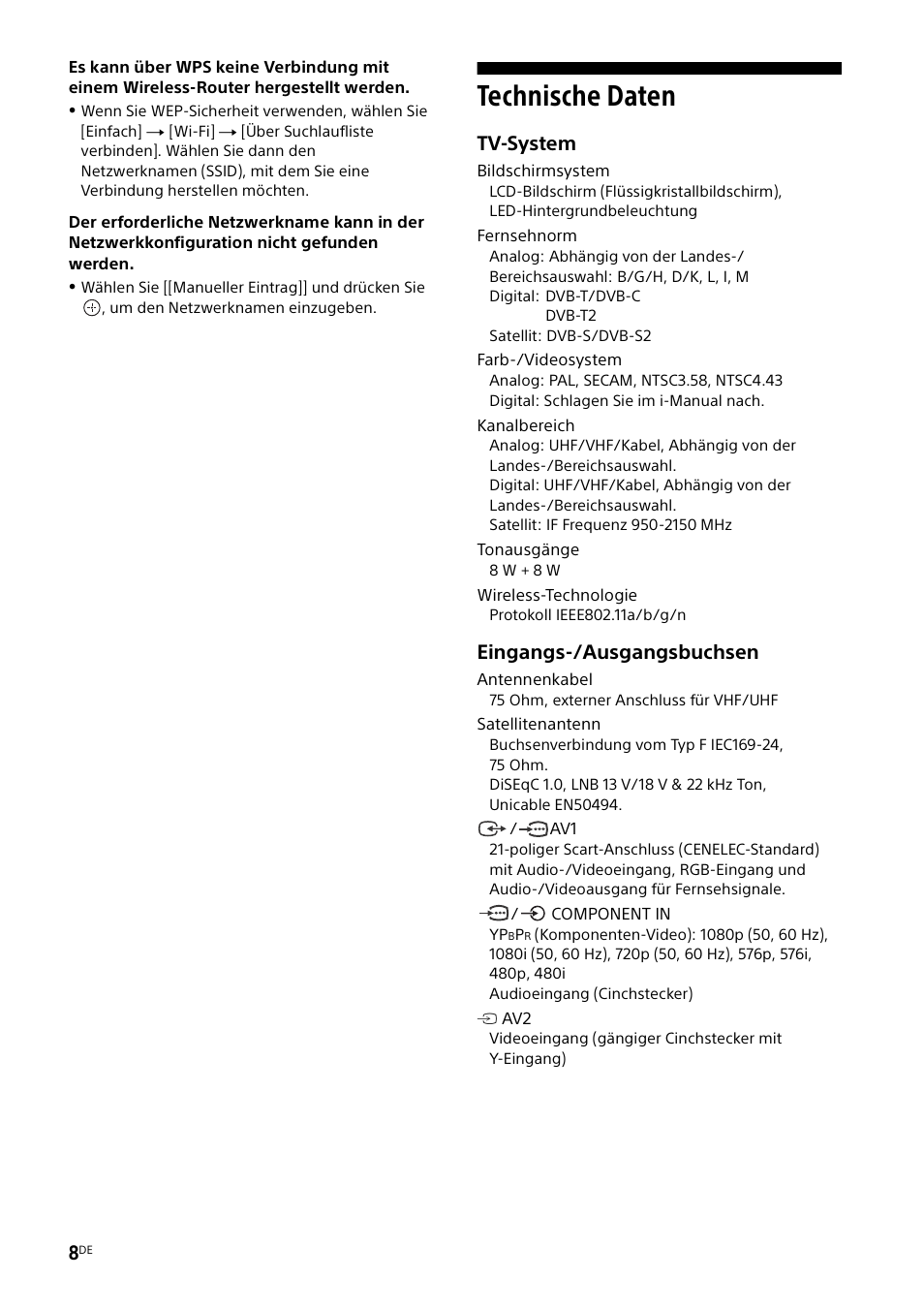 Technische daten, Tv-system, Eingangs-/ausgangsbuchsen | Sony KDL-48W585B User Manual | Page 44 / 192