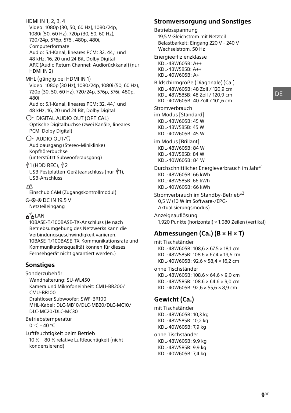 De 9, Sonstiges, Stromversorgung und sonstiges | Abmessungen (ca.) (b × h × t), Gewicht (ca.) | Sony KDL-48W585B User Manual | Page 45 / 192