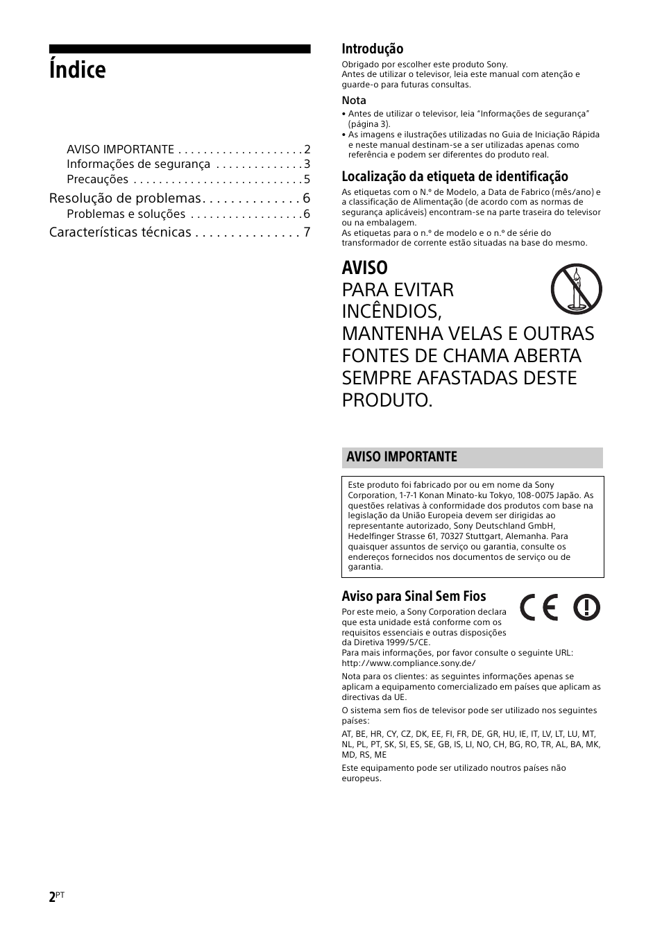 Aviso importante, Índice, Introdução | Localização da etiqueta de identificação, Aviso para sinal sem fios | Sony KDL-48W585B User Manual | Page 48 / 192