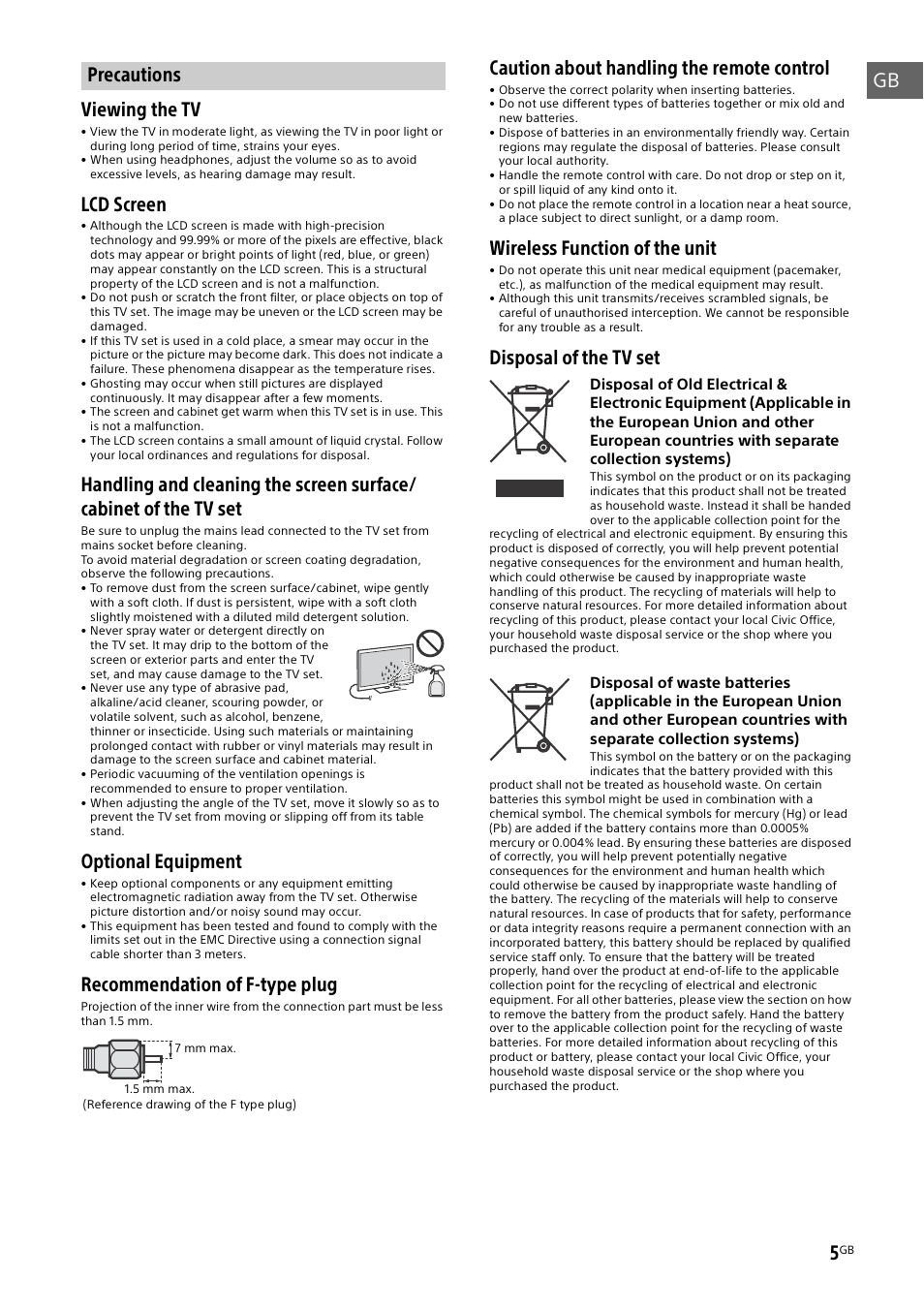 Precautions, Gb viewing the tv, Lcd screen | Optional equipment, Recommendation of f-type plug, Caution about handling the remote control, Wireless function of the unit, Disposal of the tv set | Sony KDL-48W585B User Manual | Page 5 / 192