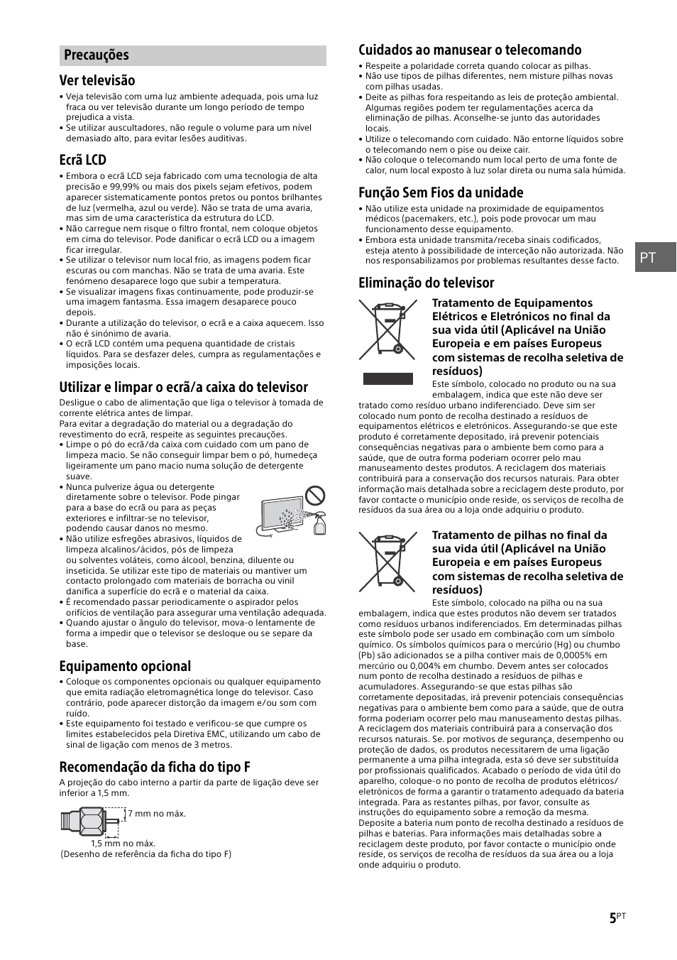 Precauções, Pt 5, Ver televisão | Ecrã lcd, Utilizar e limpar o ecrã/a caixa do televisor, Equipamento opcional, Recomendação da ficha do tipo f, Cuidados ao manusear o telecomando, Função sem fios da unidade, Eliminação do televisor | Sony KDL-48W585B User Manual | Page 51 / 192