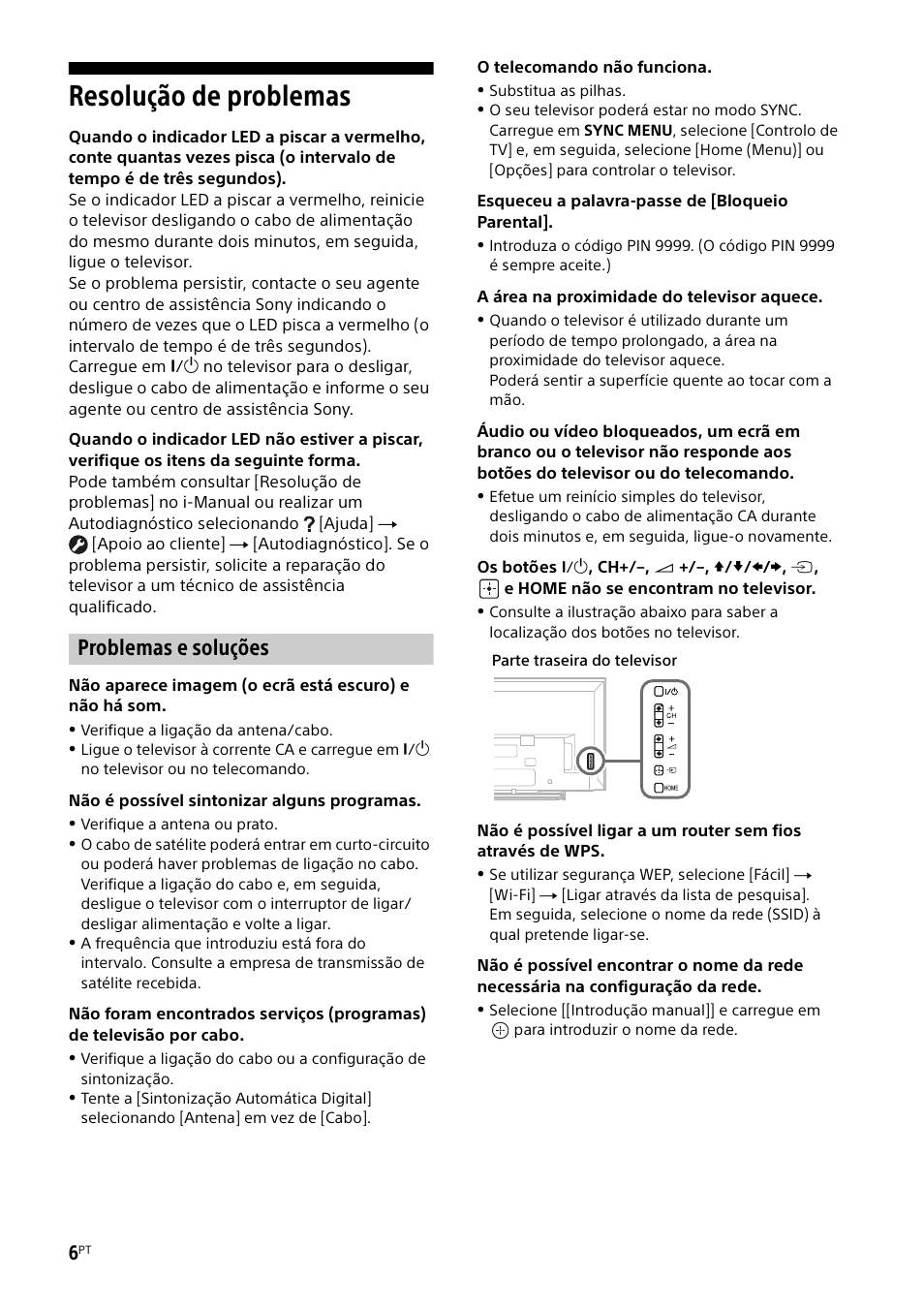 Resolução de problemas, Problemas e soluções | Sony KDL-48W585B User Manual | Page 52 / 192