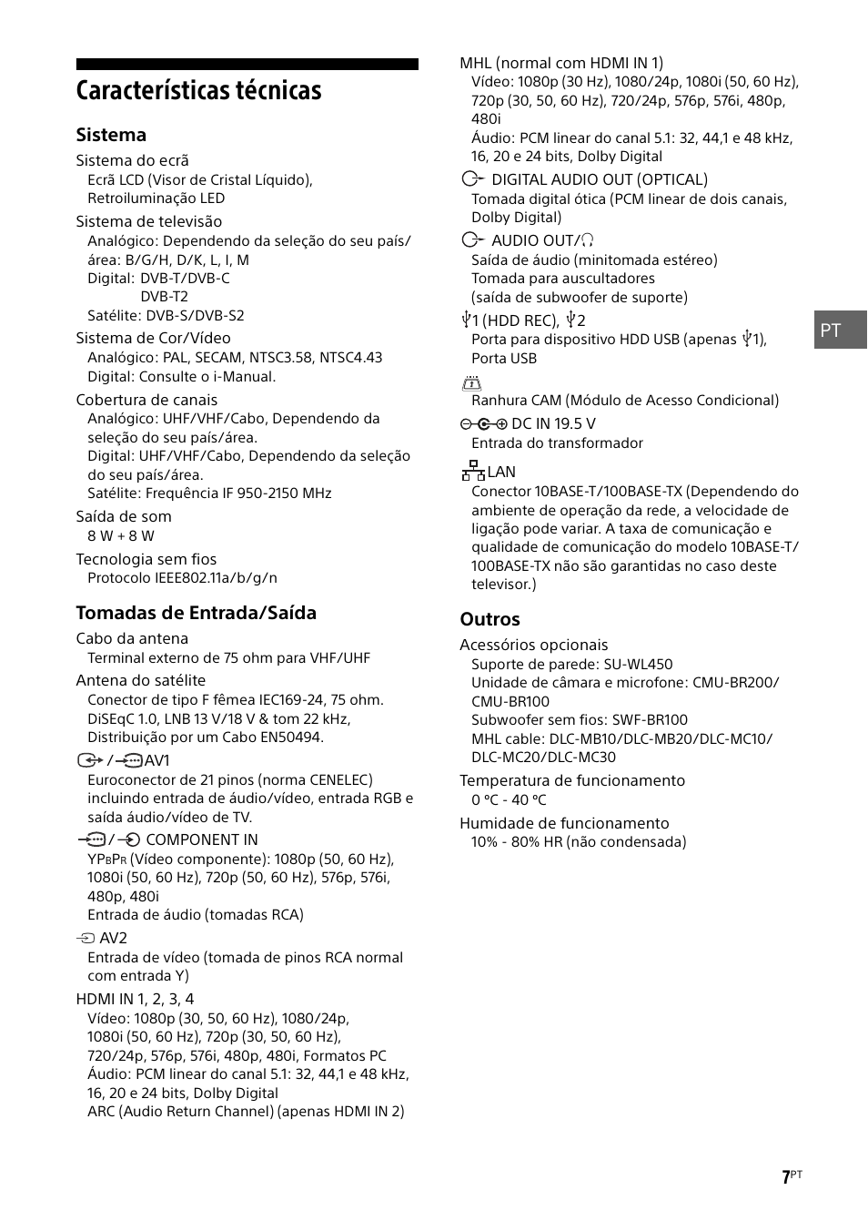 Características técnicas, Pt 7, Sistema | Tomadas de entrada/saída, Outros | Sony KDL-48W585B User Manual | Page 53 / 192
