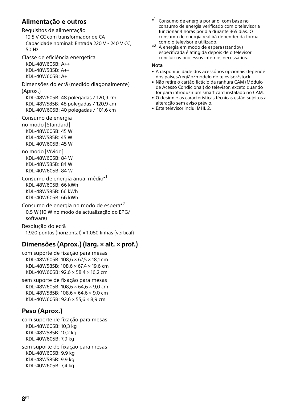 Alimentação e outros, Dimensões (aprox.) (larg. × alt. × prof.), Peso (aprox.) | Sony KDL-48W585B User Manual | Page 54 / 192