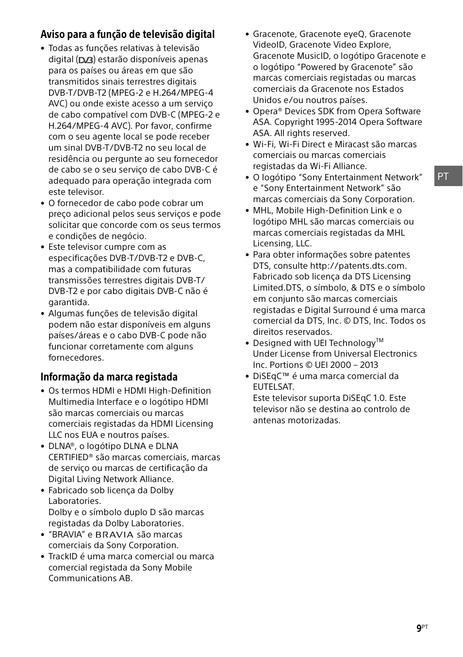 Aviso para a função de televisão digital, Informação da marca registada | Sony KDL-48W585B User Manual | Page 55 / 192