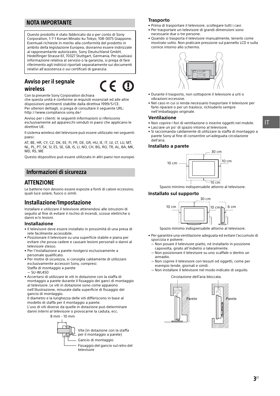 Nota importante, Informazioni di sicurezza, Nota importante informazioni di sicurezza | Informazioni di, Attenzione, Installazione/impostazione | Sony KDL-48W585B User Manual | Page 57 / 192