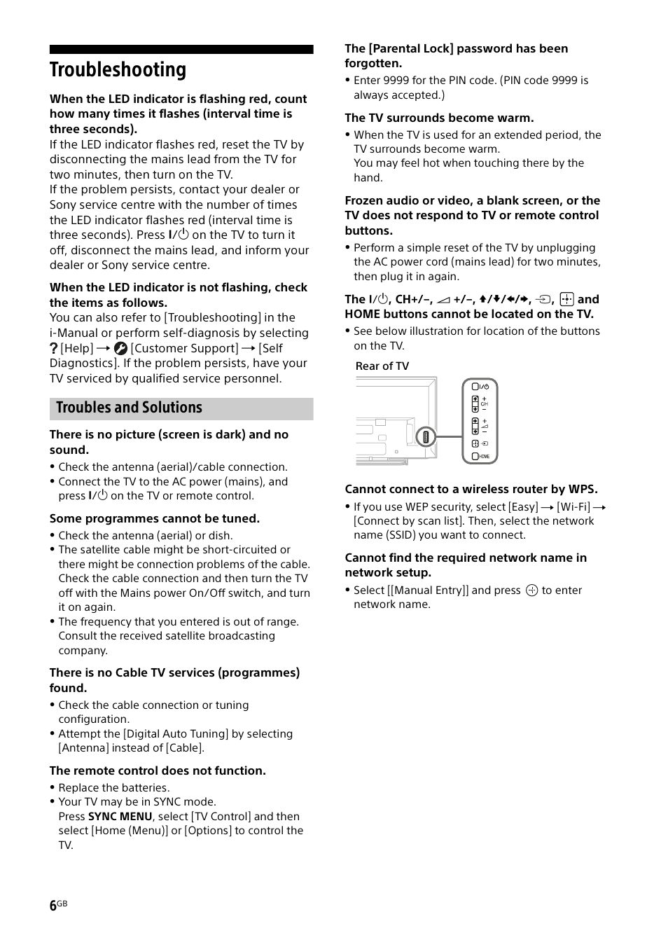 Troubleshooting, Troubles and solutions | Sony KDL-48W585B User Manual | Page 6 / 192