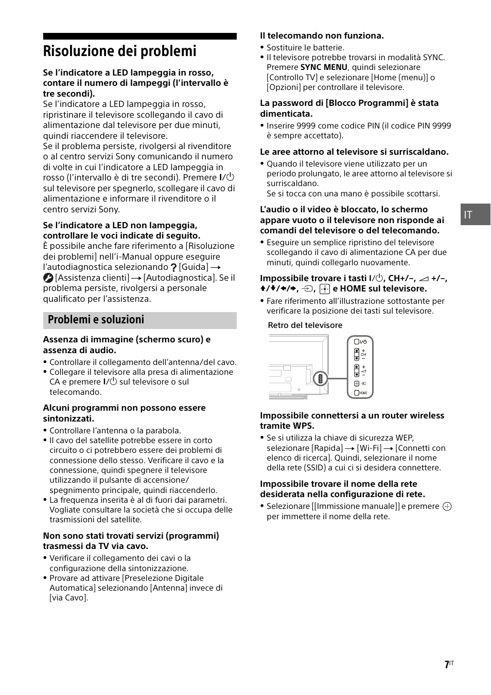 Risoluzione dei problemi, Problemi e soluzioni | Sony KDL-48W585B User Manual | Page 61 / 192