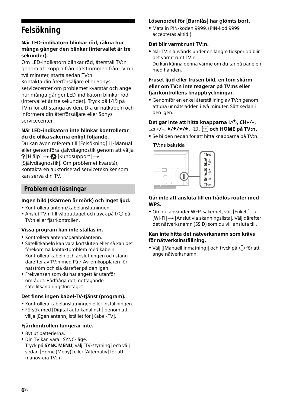 Felsökning, Problem och lösningar | Sony KDL-48W585B User Manual | Page 70 / 192