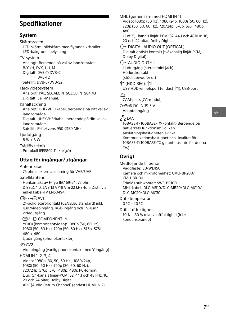 Specifikationer | Sony KDL-48W585B User Manual | Page 71 / 192